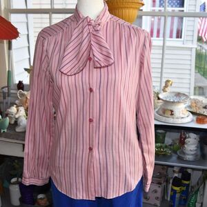 Vintage 70s Sweet Apple Neck Bow Blouse Pink Striped Secretary Top Small